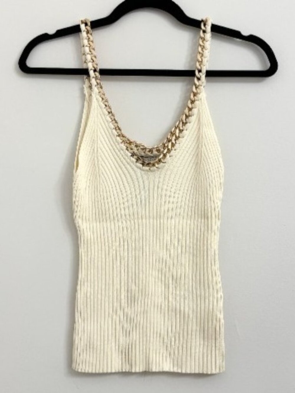 NWOT Zara White Ribbed V Neck Gold Chain Lined Sweater Tank Top - sz Small